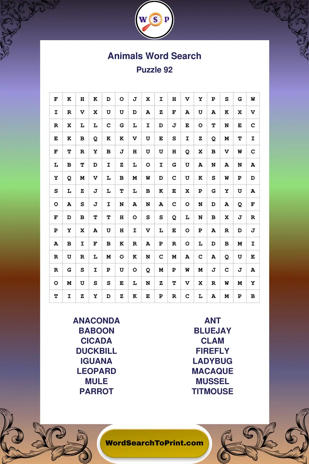 Animals Word Search Puzzle 92
