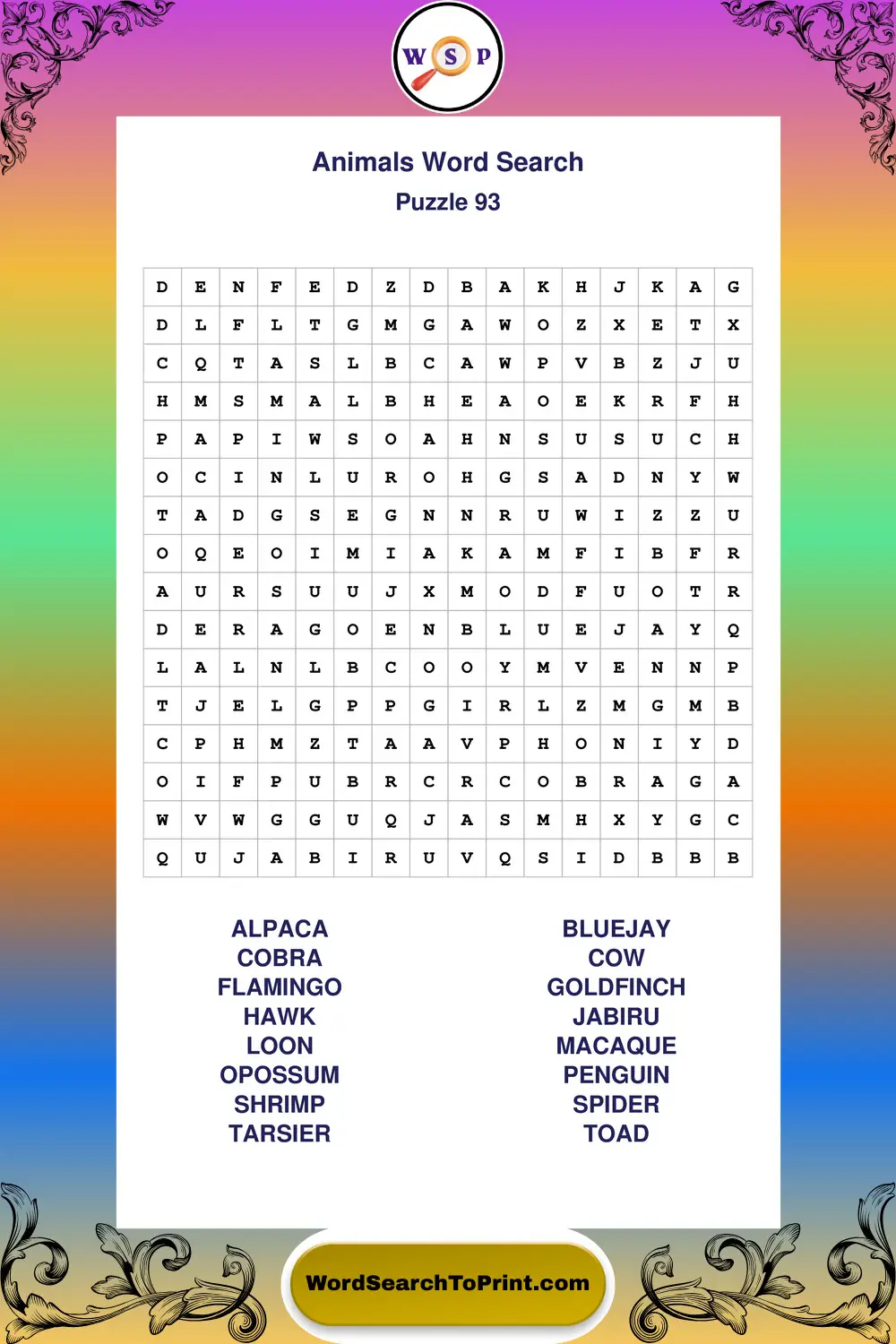 Animals Word Search Puzzle 93
