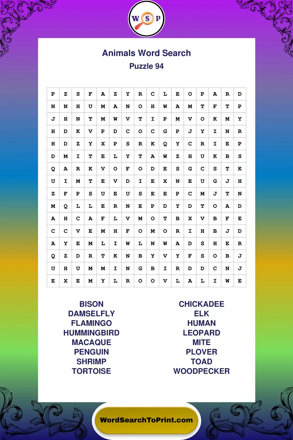Animals Word Search Puzzle 94
