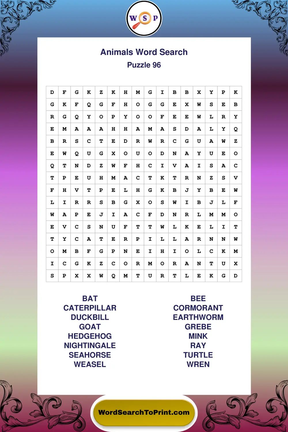 Animals Word Search Puzzle 96