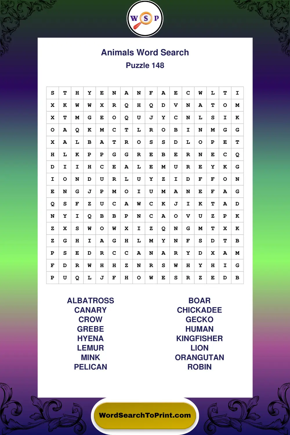 Animals Word Search Puzzle 148