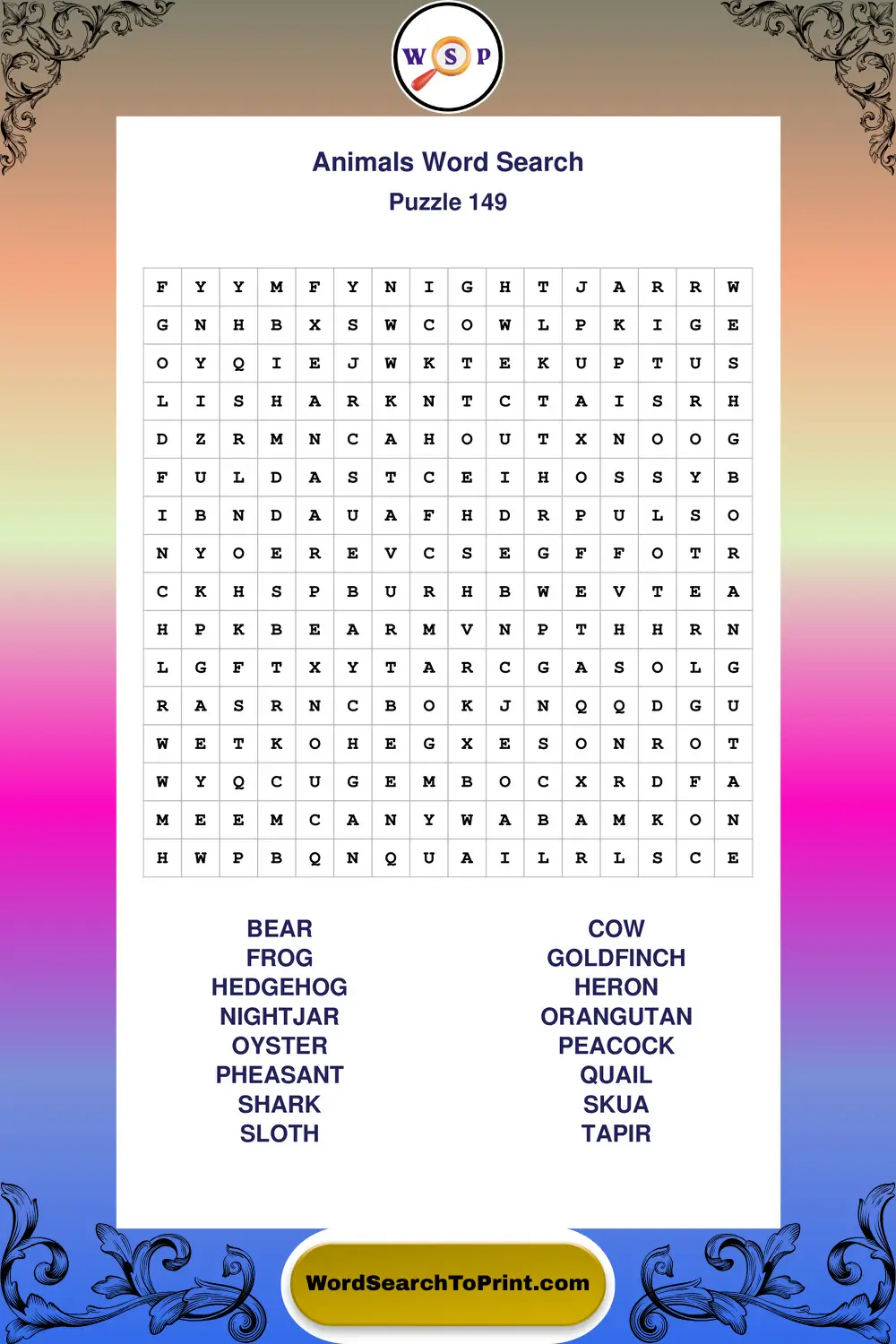 Animals Word Search Puzzle 149