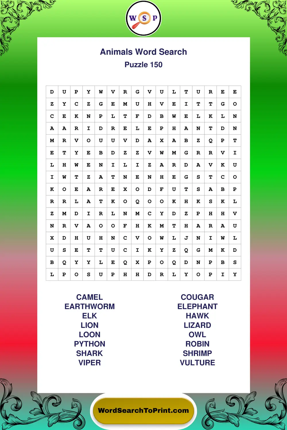 Animals Word Search Puzzle 150