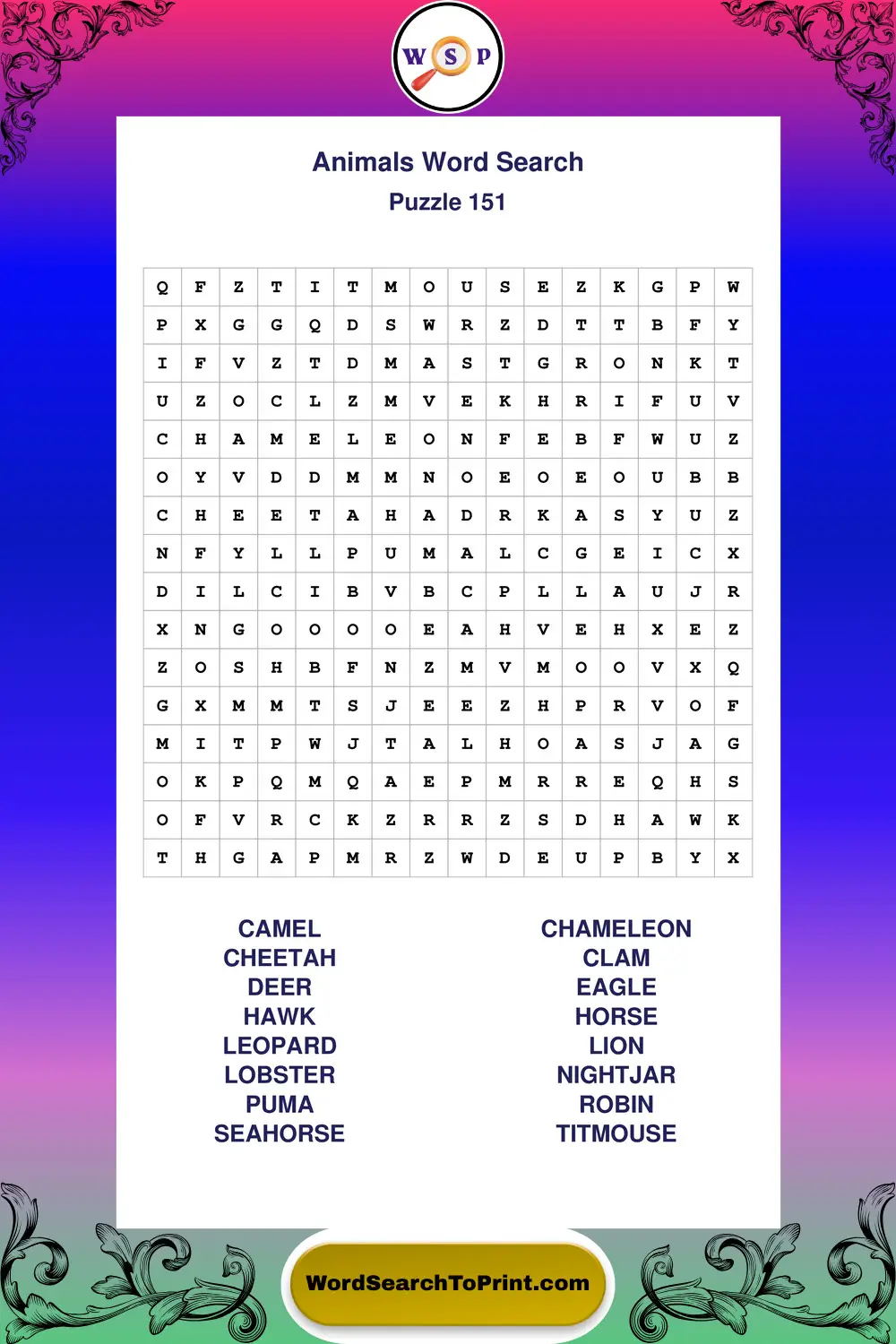 Animals Word Search Puzzle 151