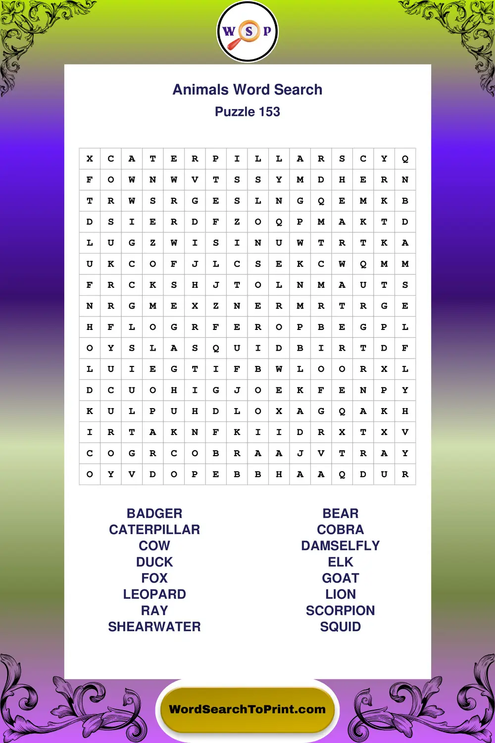 Animals Word Search Puzzle 153