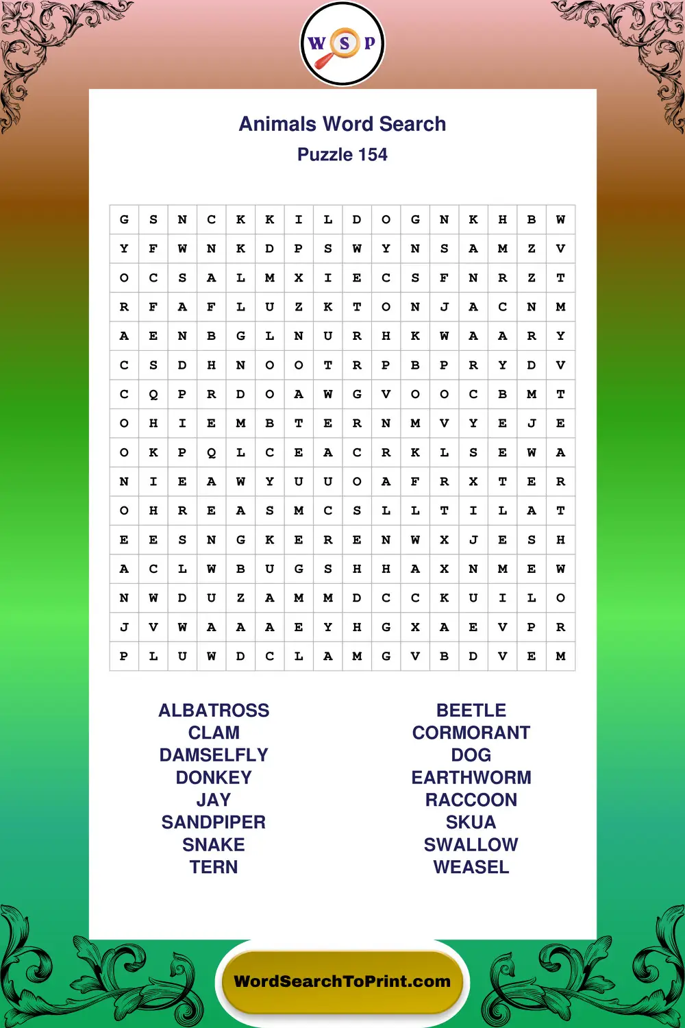Animals Word Search Puzzle 154