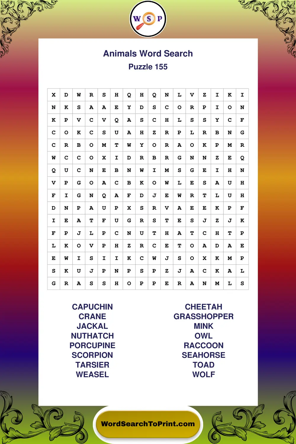 Animals Word Search Puzzle 155