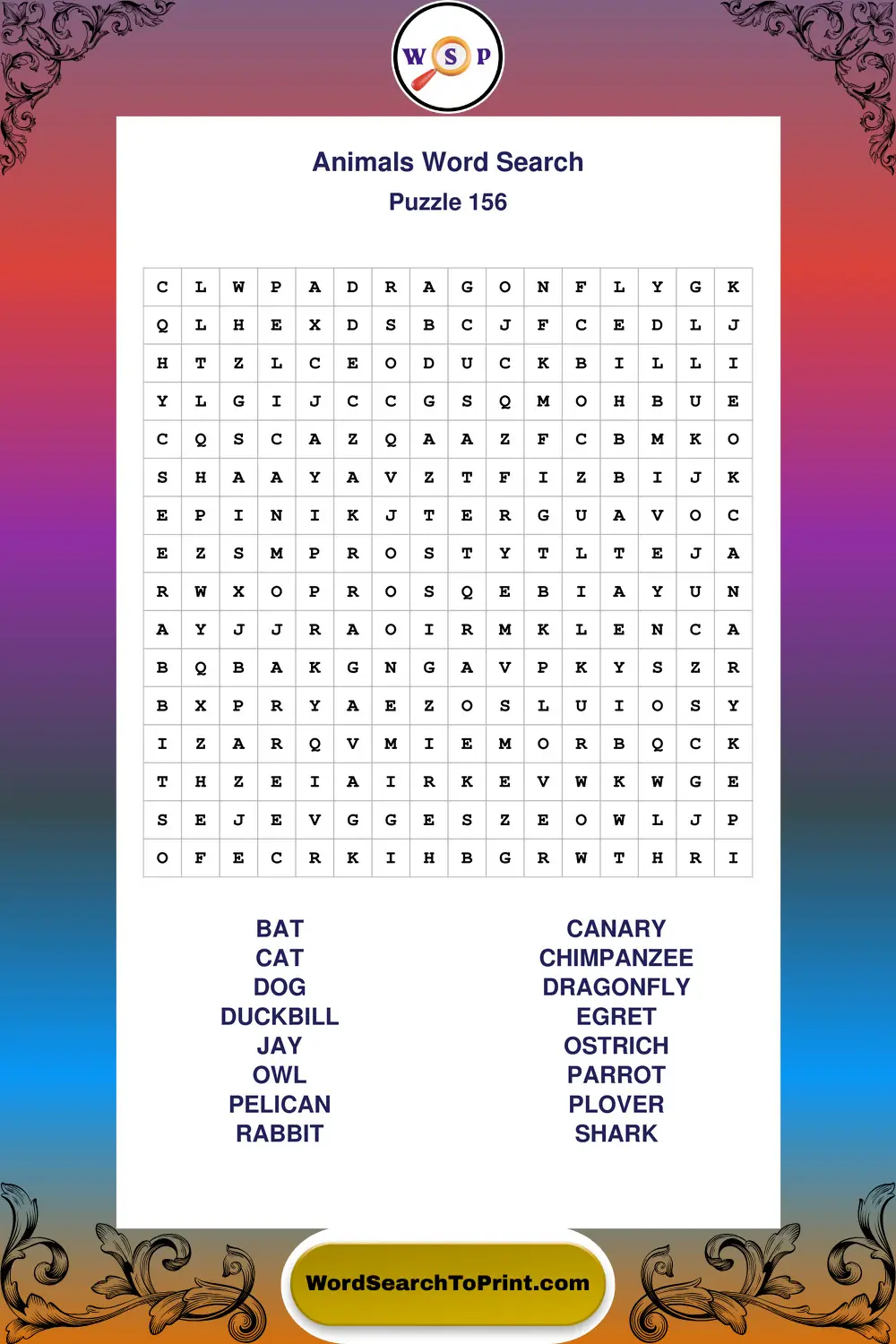 Animals Word Search Puzzle 156