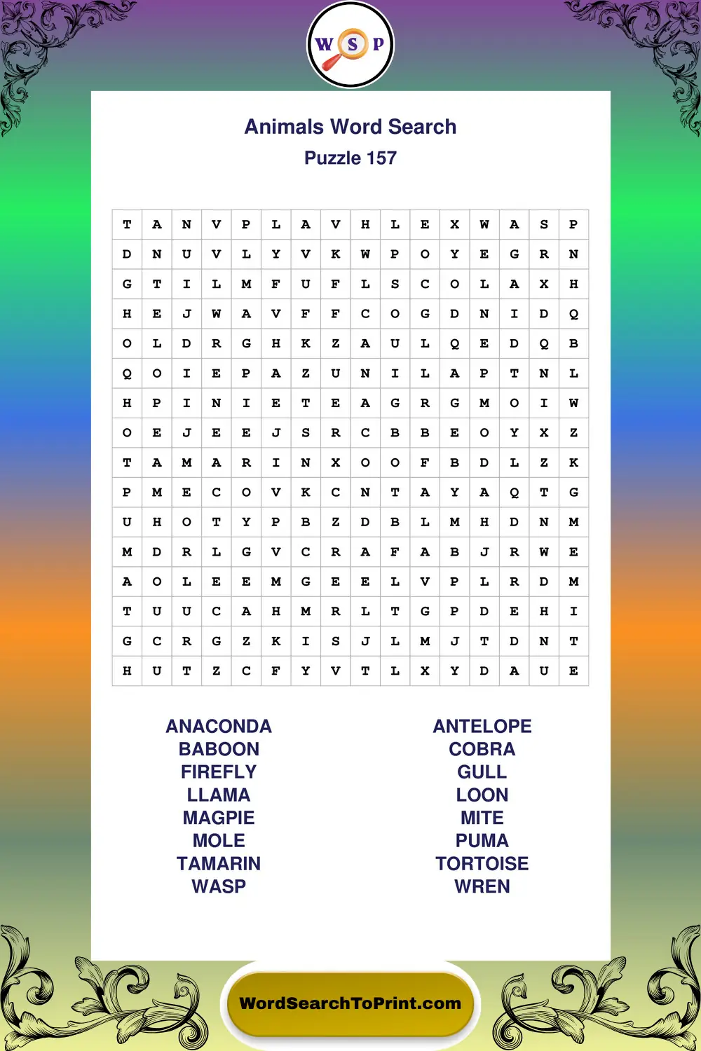 Animals Word Search Puzzle 157