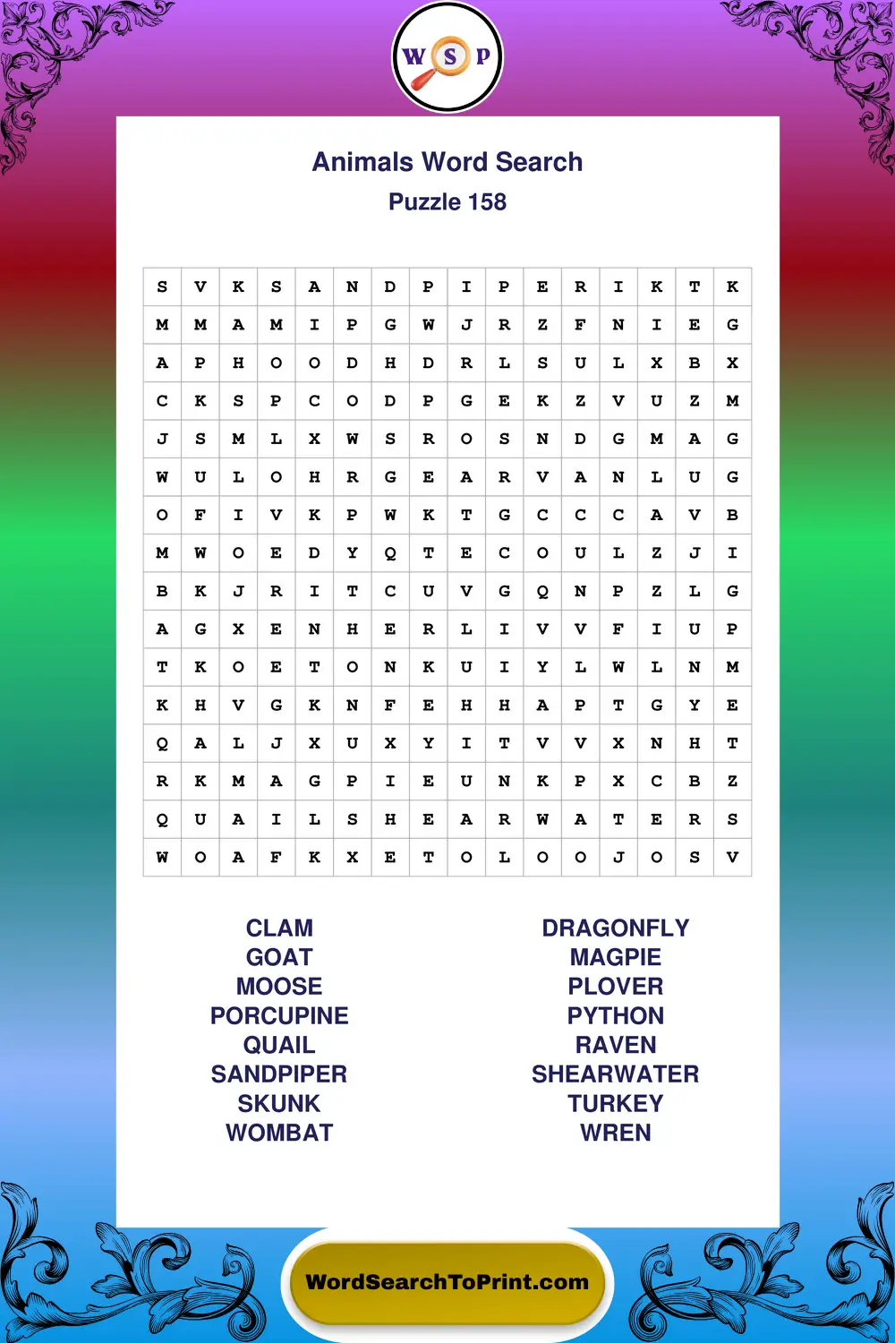Animals Word Search Puzzle 158