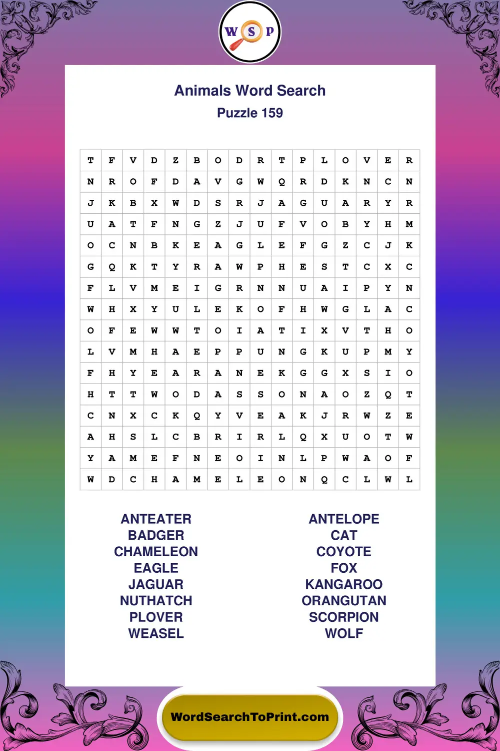 Animals Word Search Puzzle 159