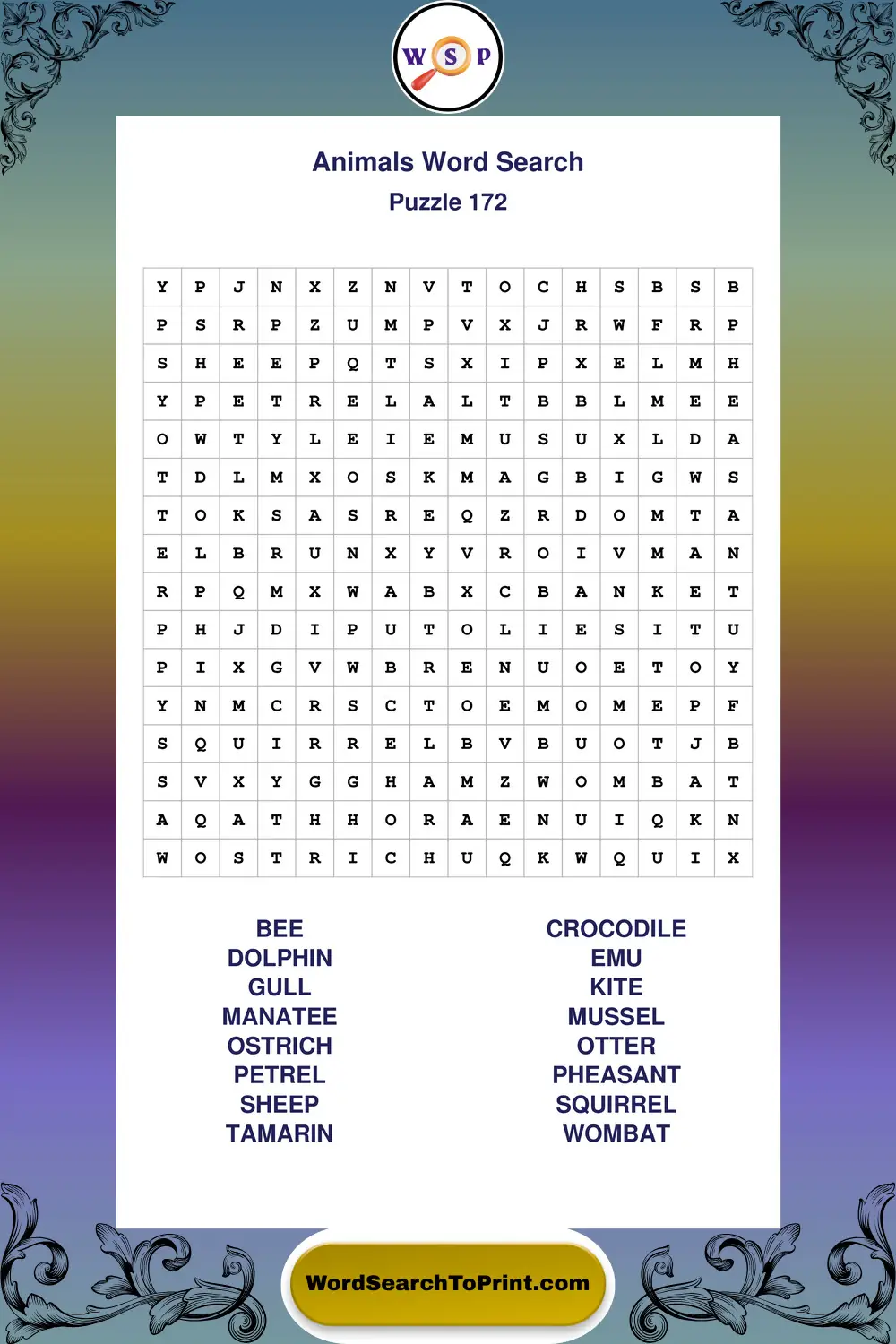 Animals Word Search Puzzle 172
