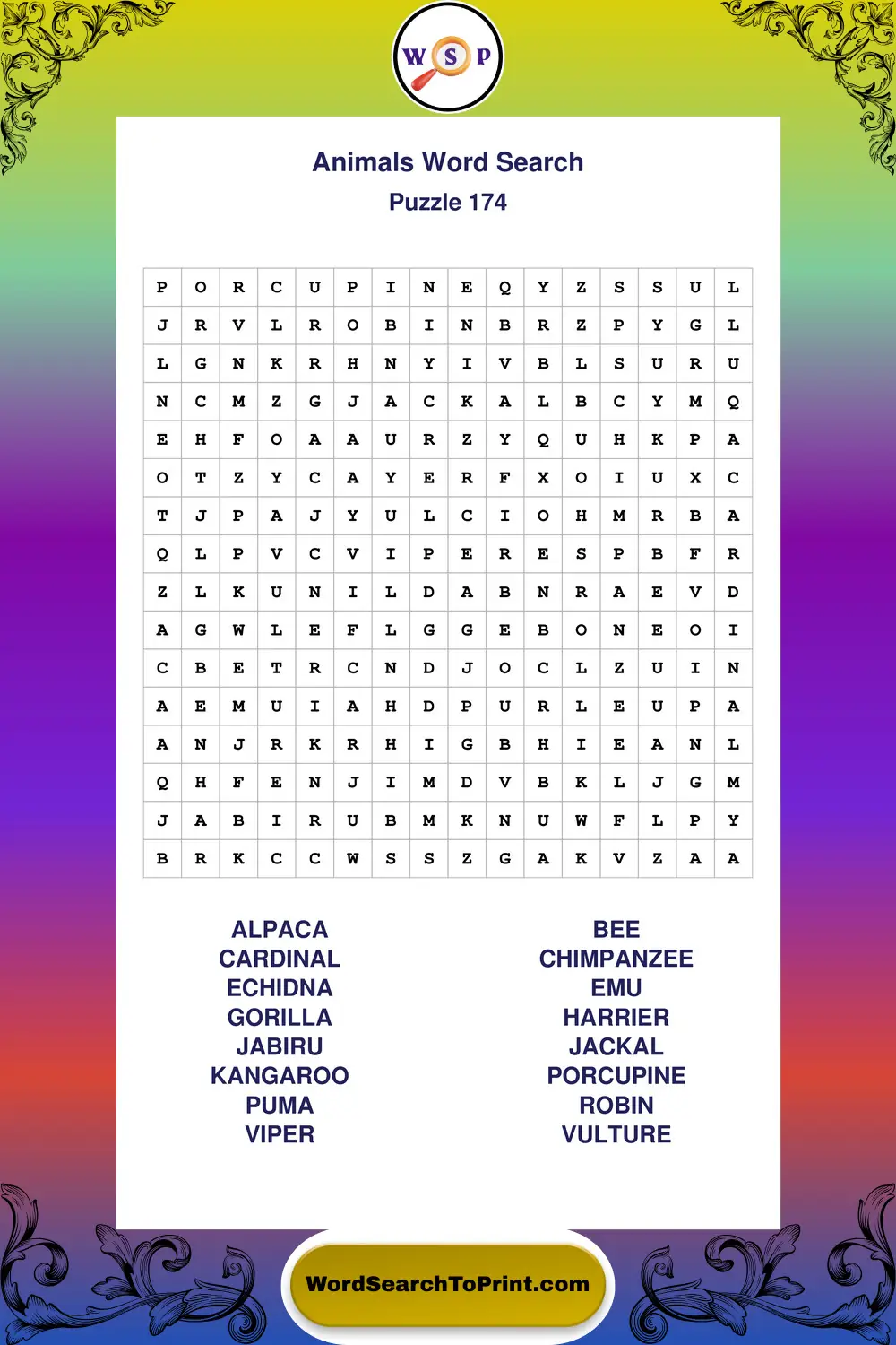 Animals Word Search Puzzle 174