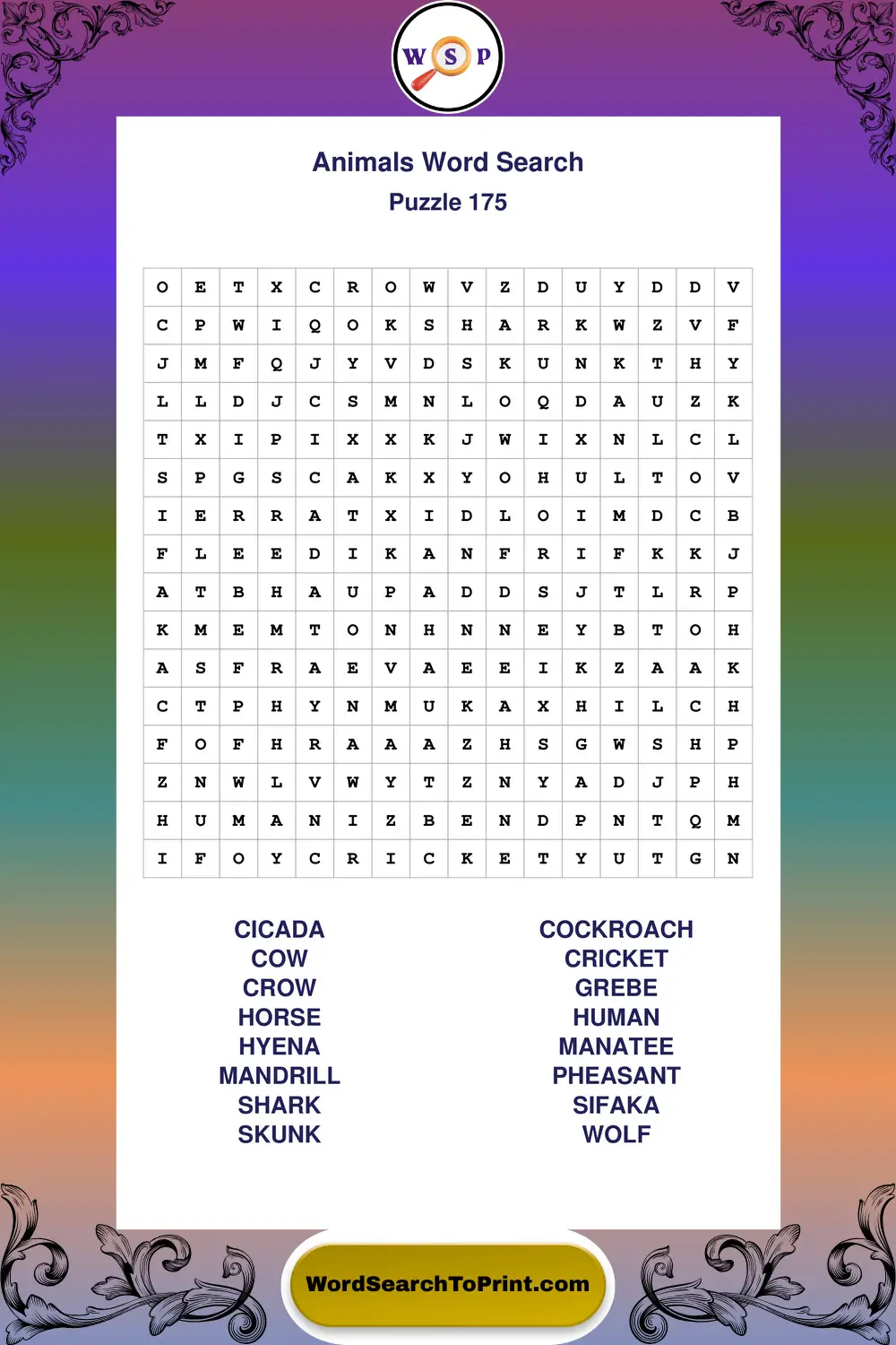 Animals Word Search Puzzle 175
