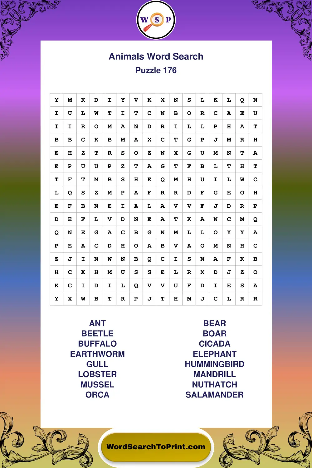 Animals Word Search Puzzle 176