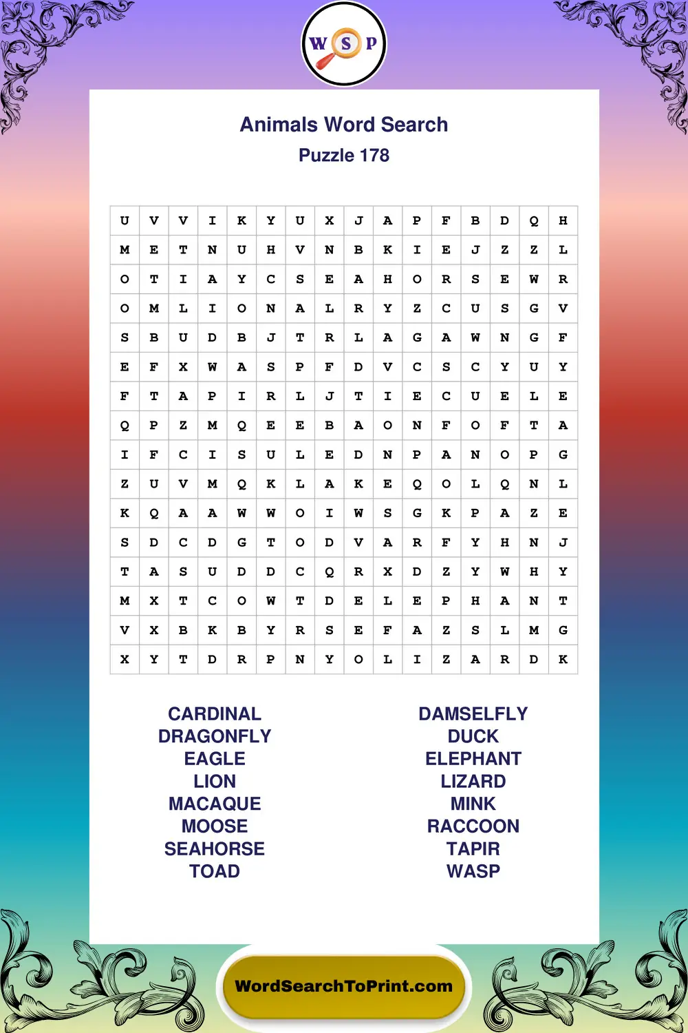 Animals Word Search Puzzle 178
