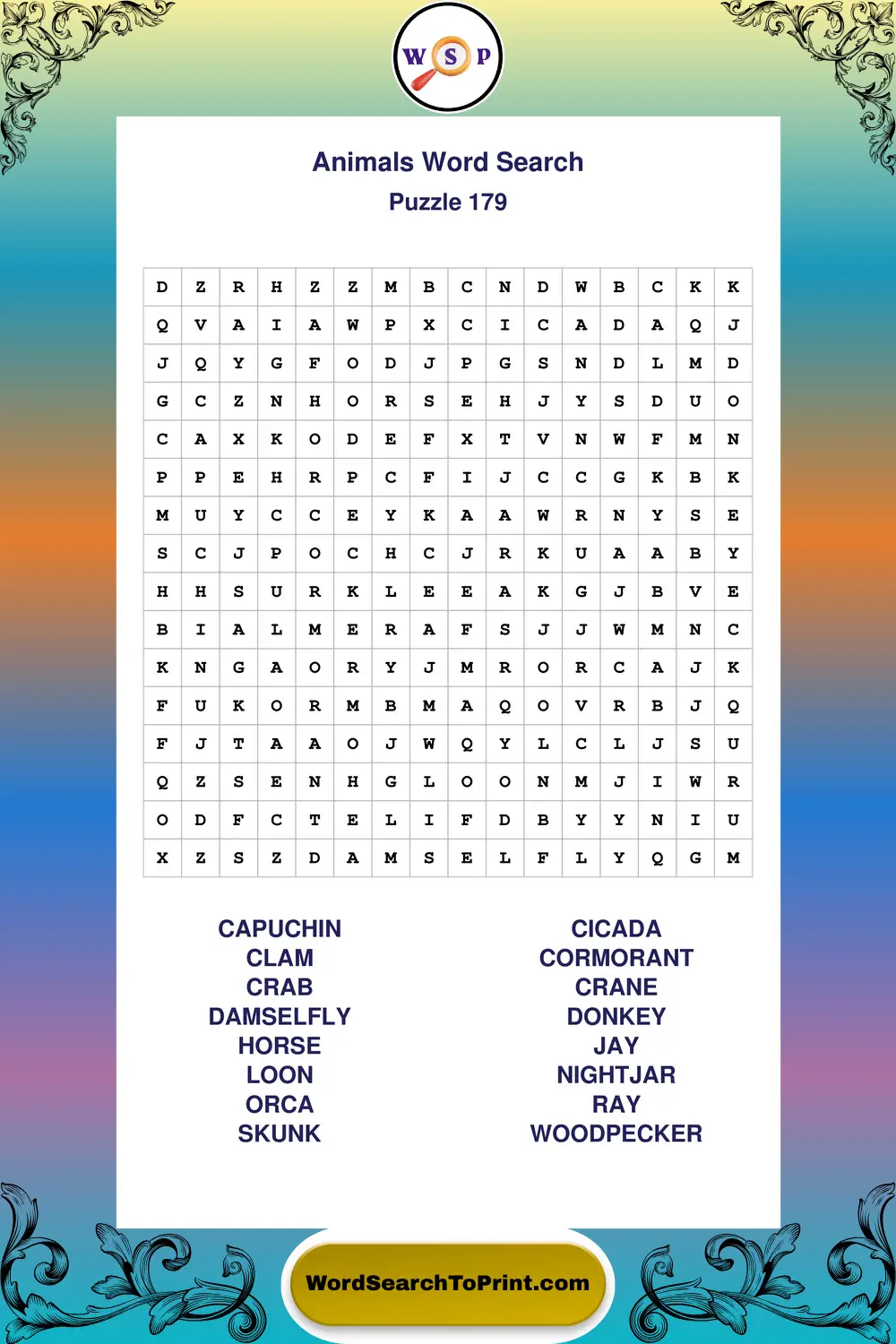 Animals Word Search Puzzle 179