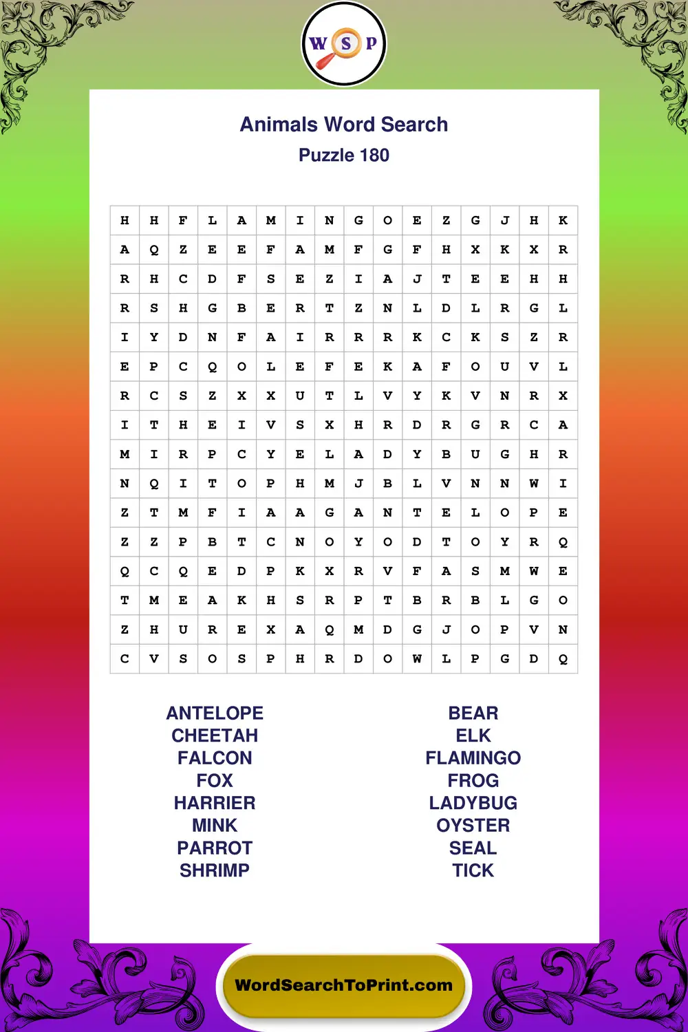 Animals Word Search Puzzle 180