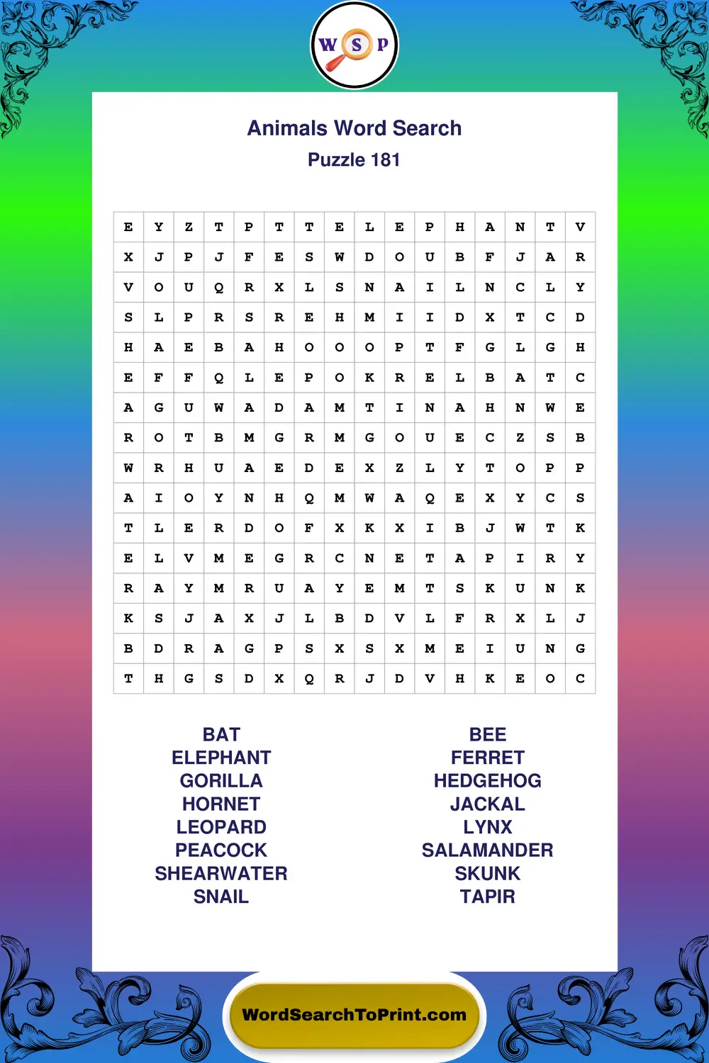 Animals Word Search Puzzle 181