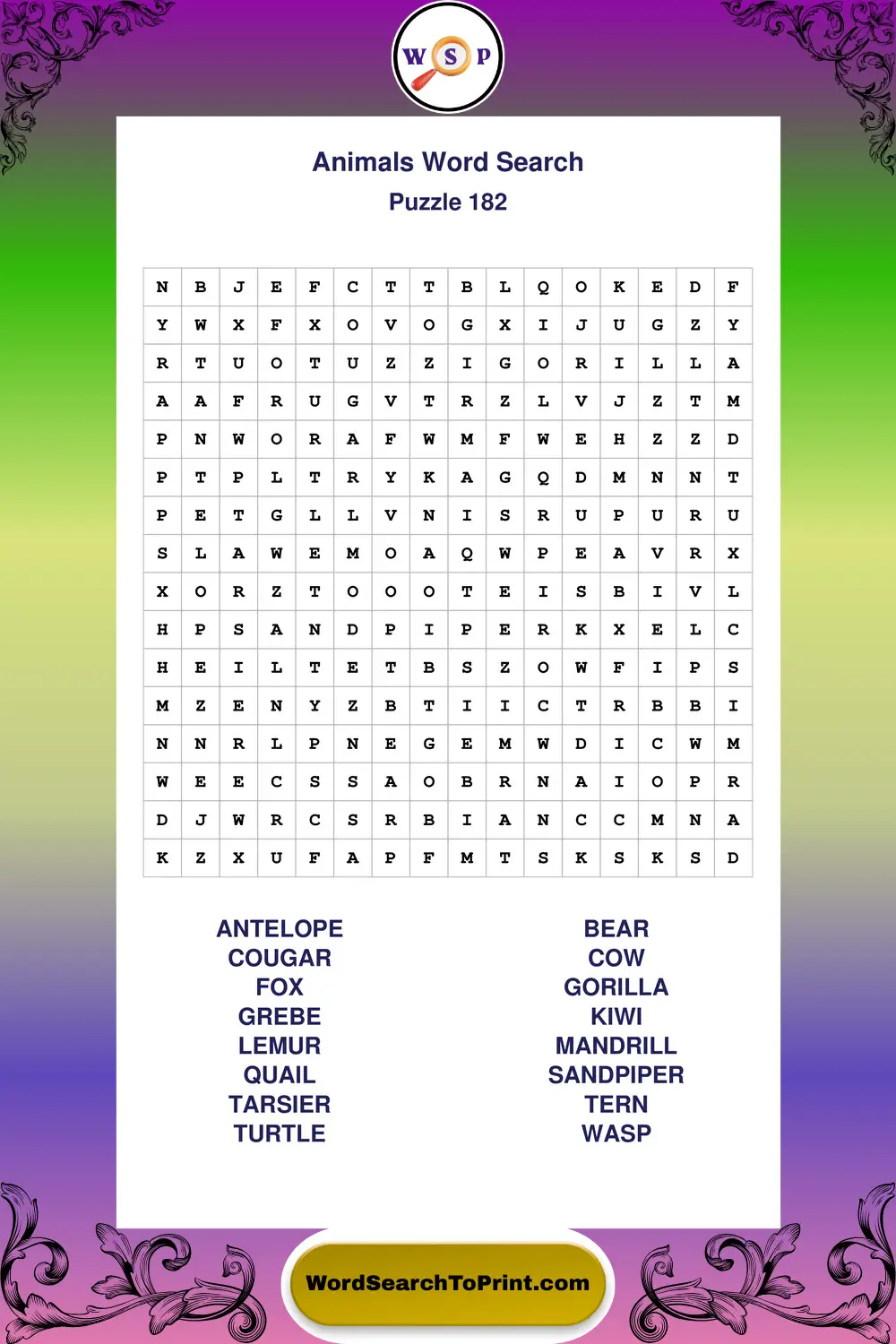 Animals Word Search Puzzle 182