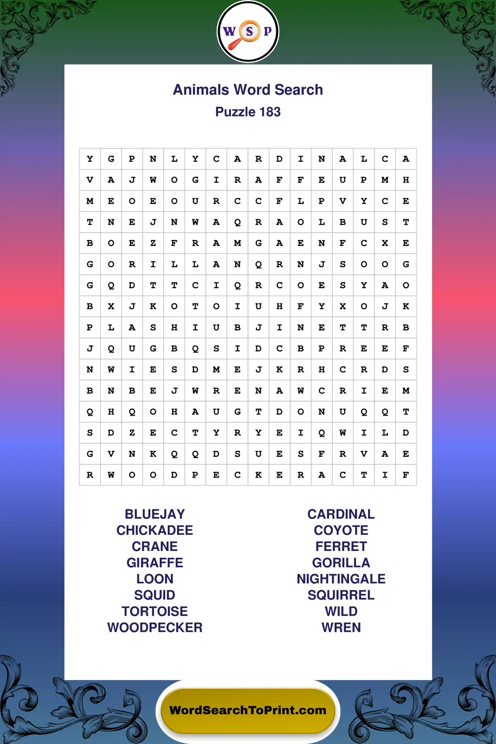 Animals Word Search Puzzle 183