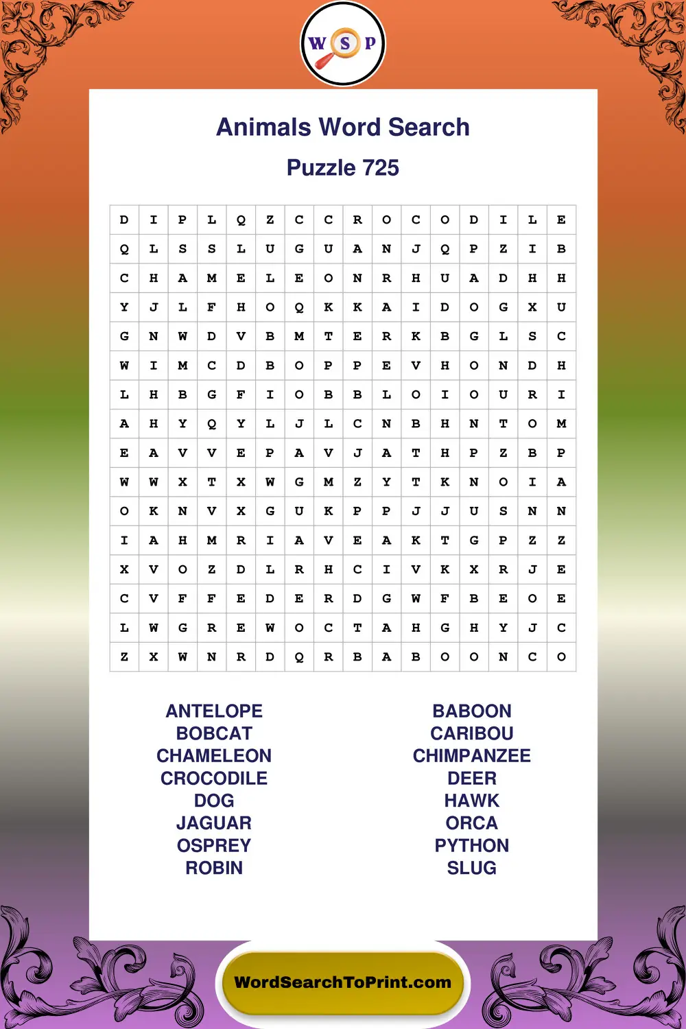 Animals Word Search Puzzle 725