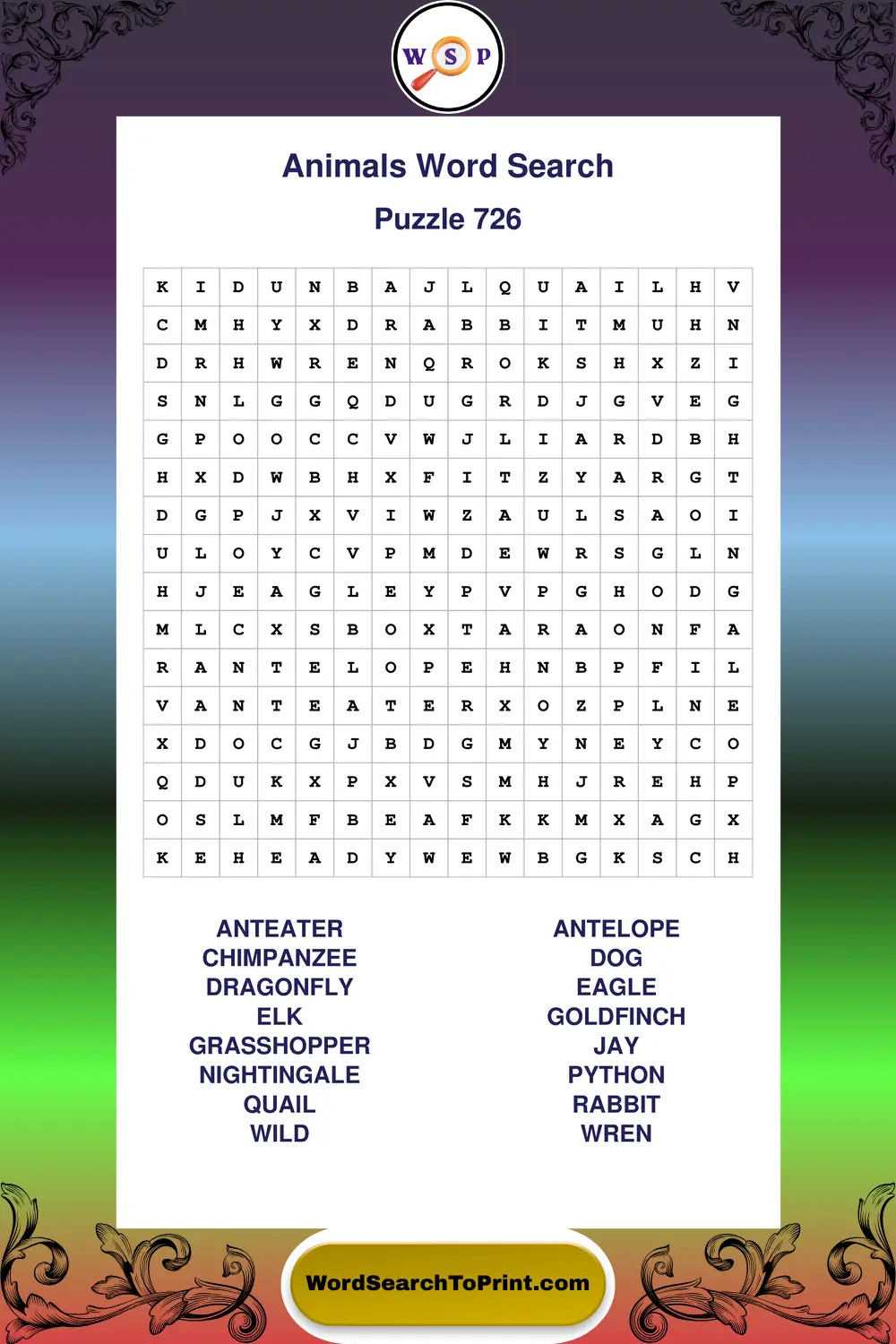 Animals Word Search Puzzle 726