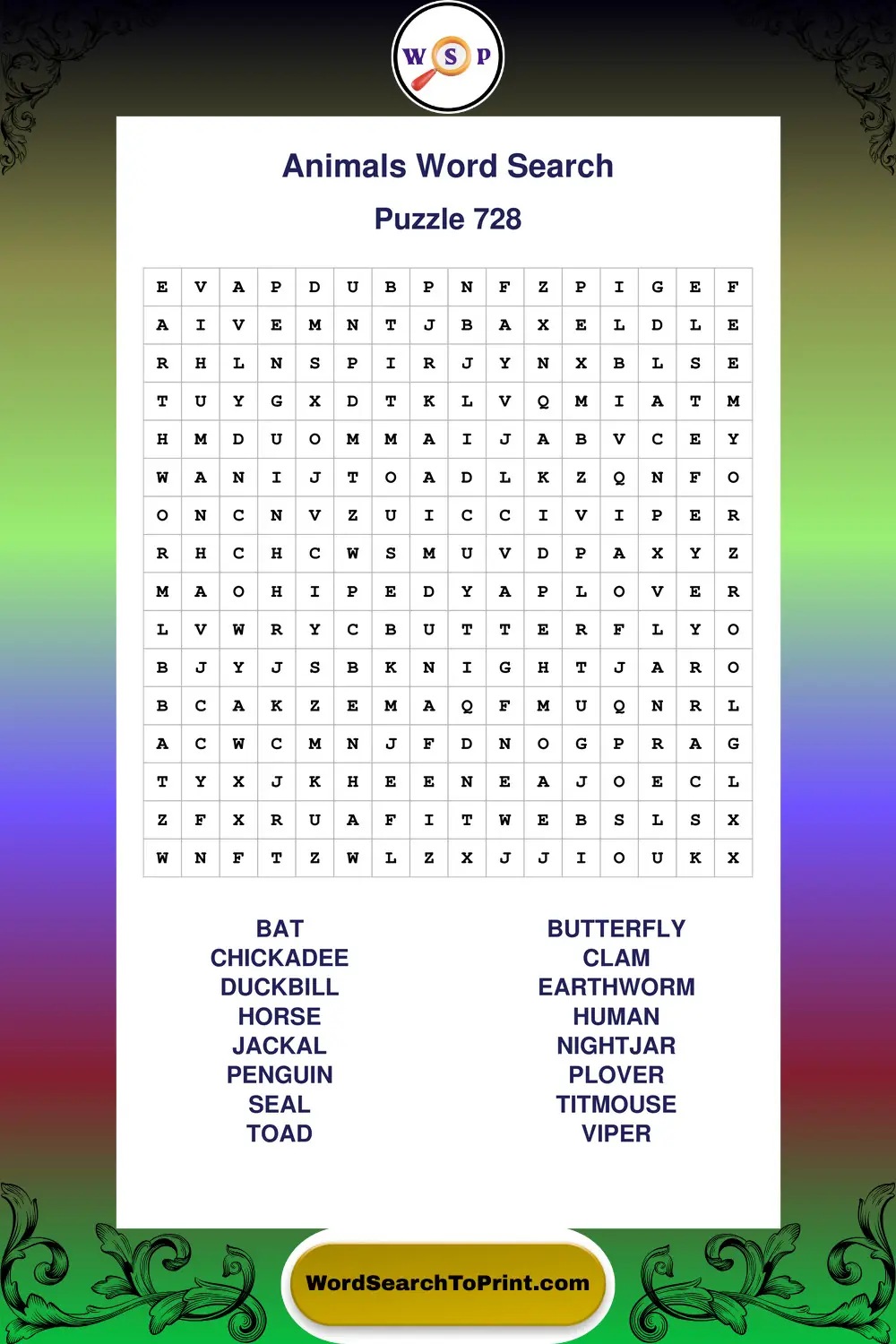Animals Word Search Puzzle 728