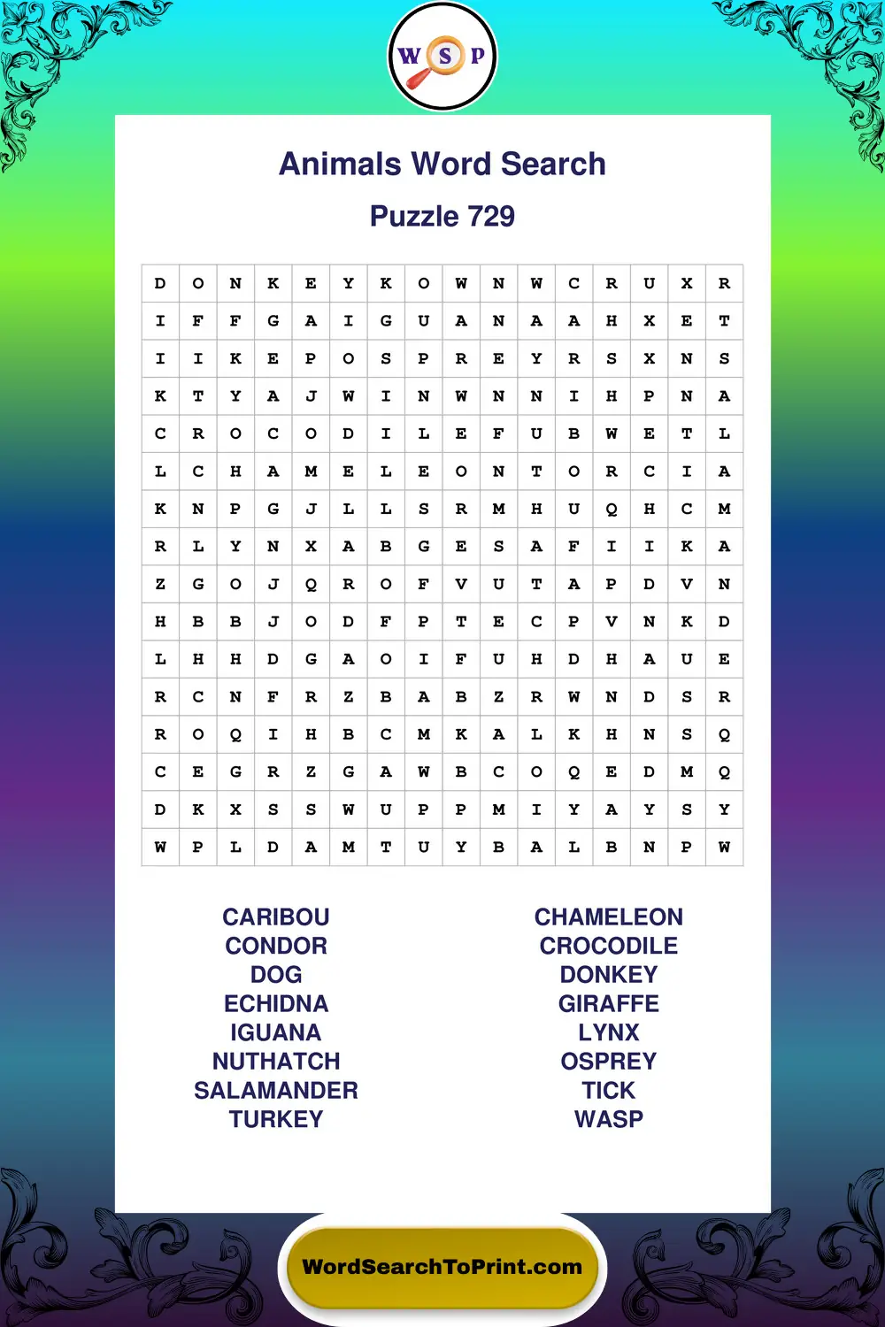 Animals Word Search Puzzle 729