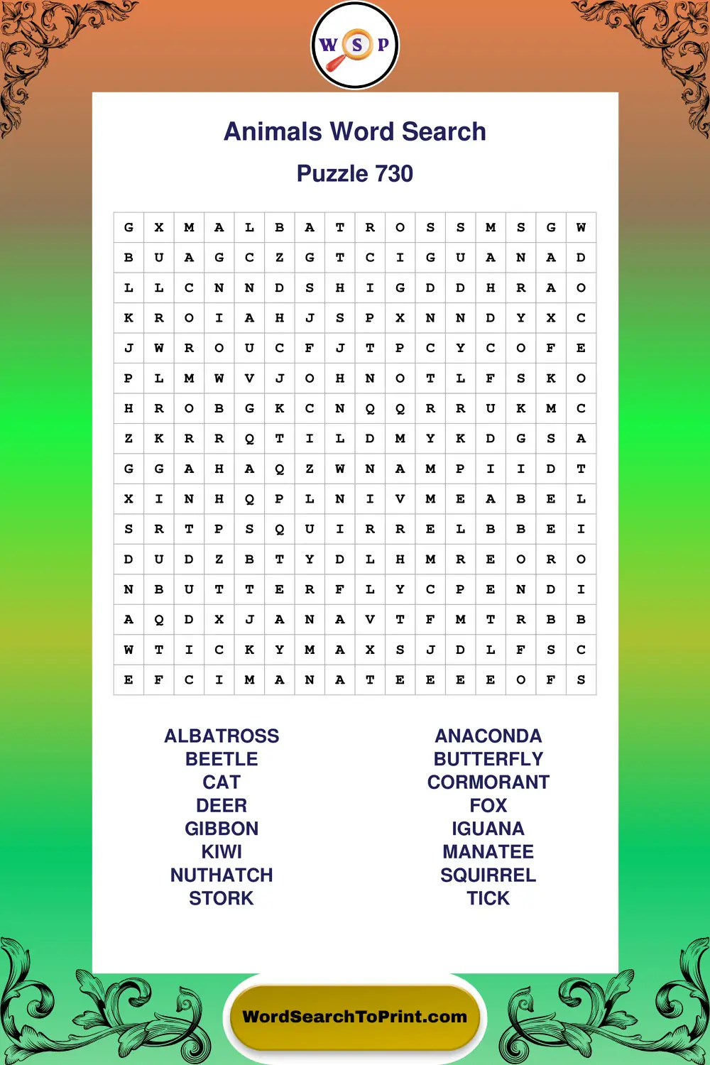 Animals Word Search Puzzle 730