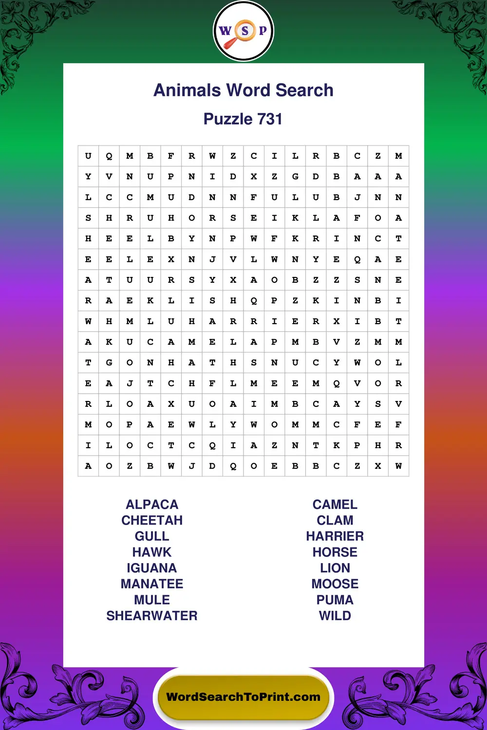 Animals Word Search Puzzle 731