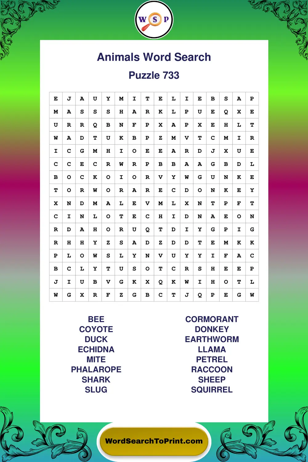 Animals Word Search Puzzle 733
