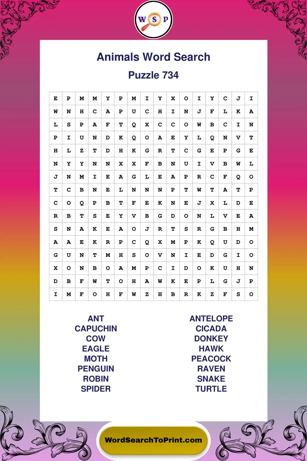 Animals Word Search Puzzle 734