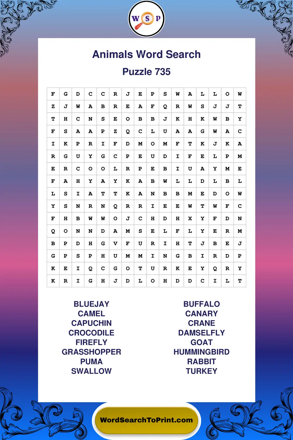 Animals Word Search Puzzle 735