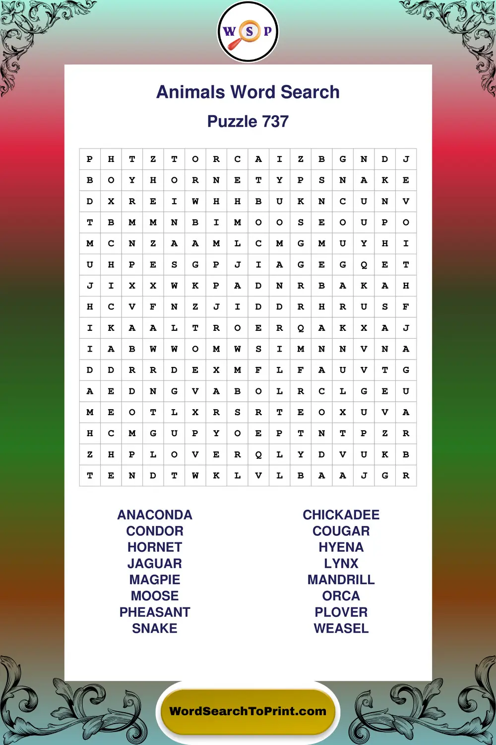 Animals Word Search Puzzle 737