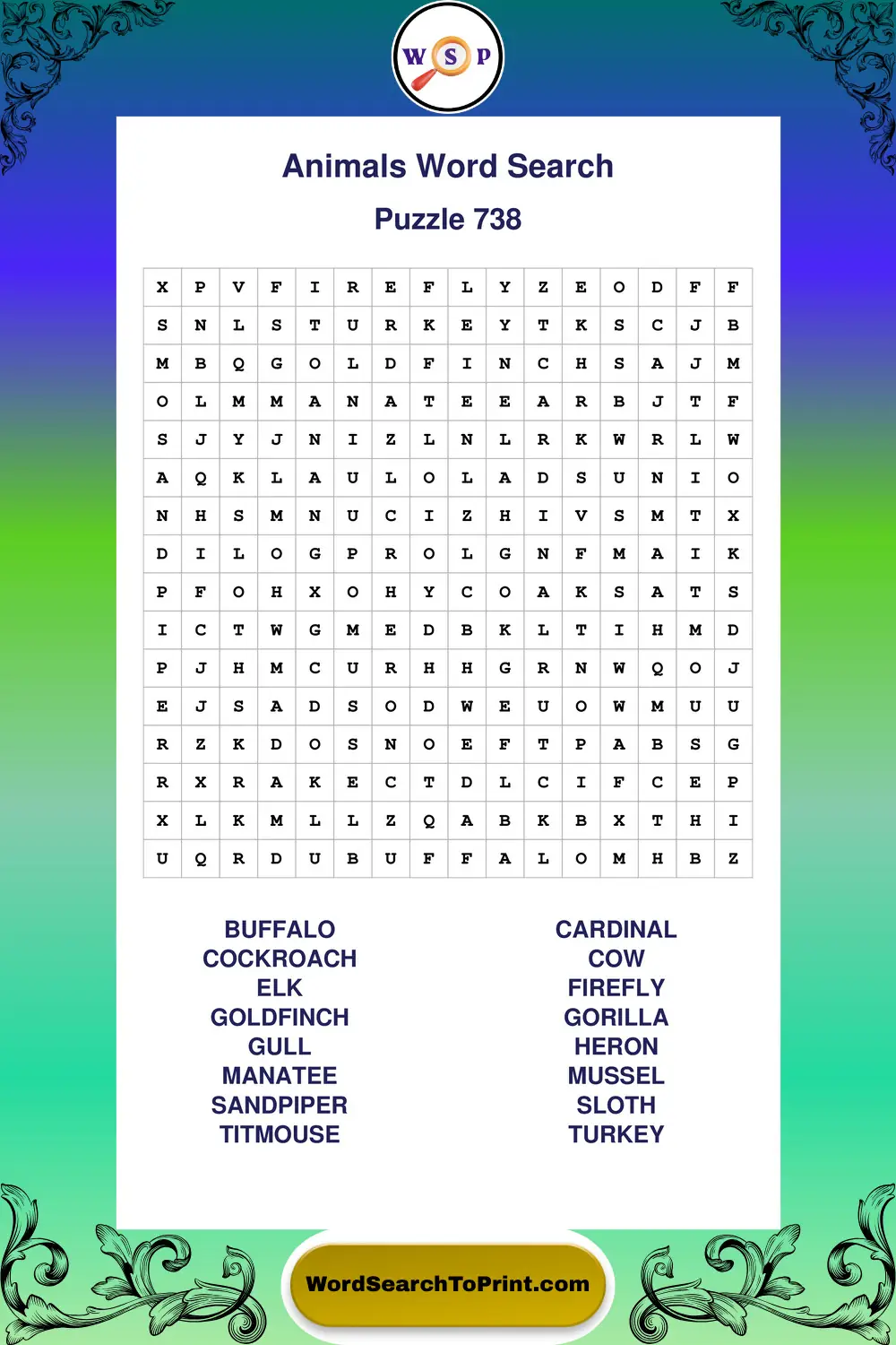 Animals Word Search Puzzle 738