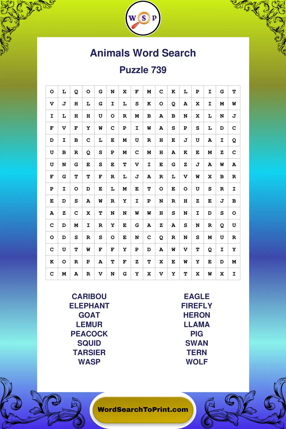 Animals Word Search Puzzle 739