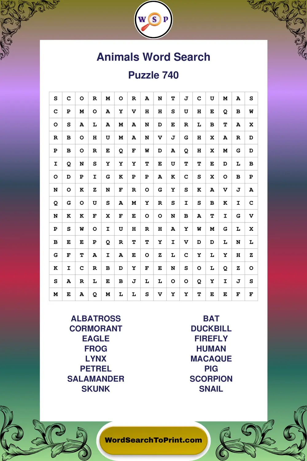 Animals Word Search Puzzle 740