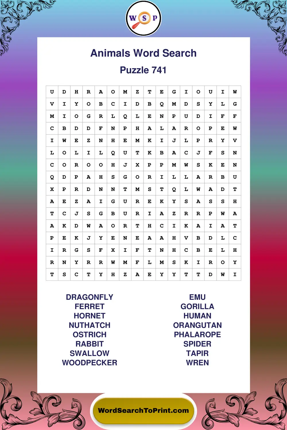 Animals Word Search Puzzle 741