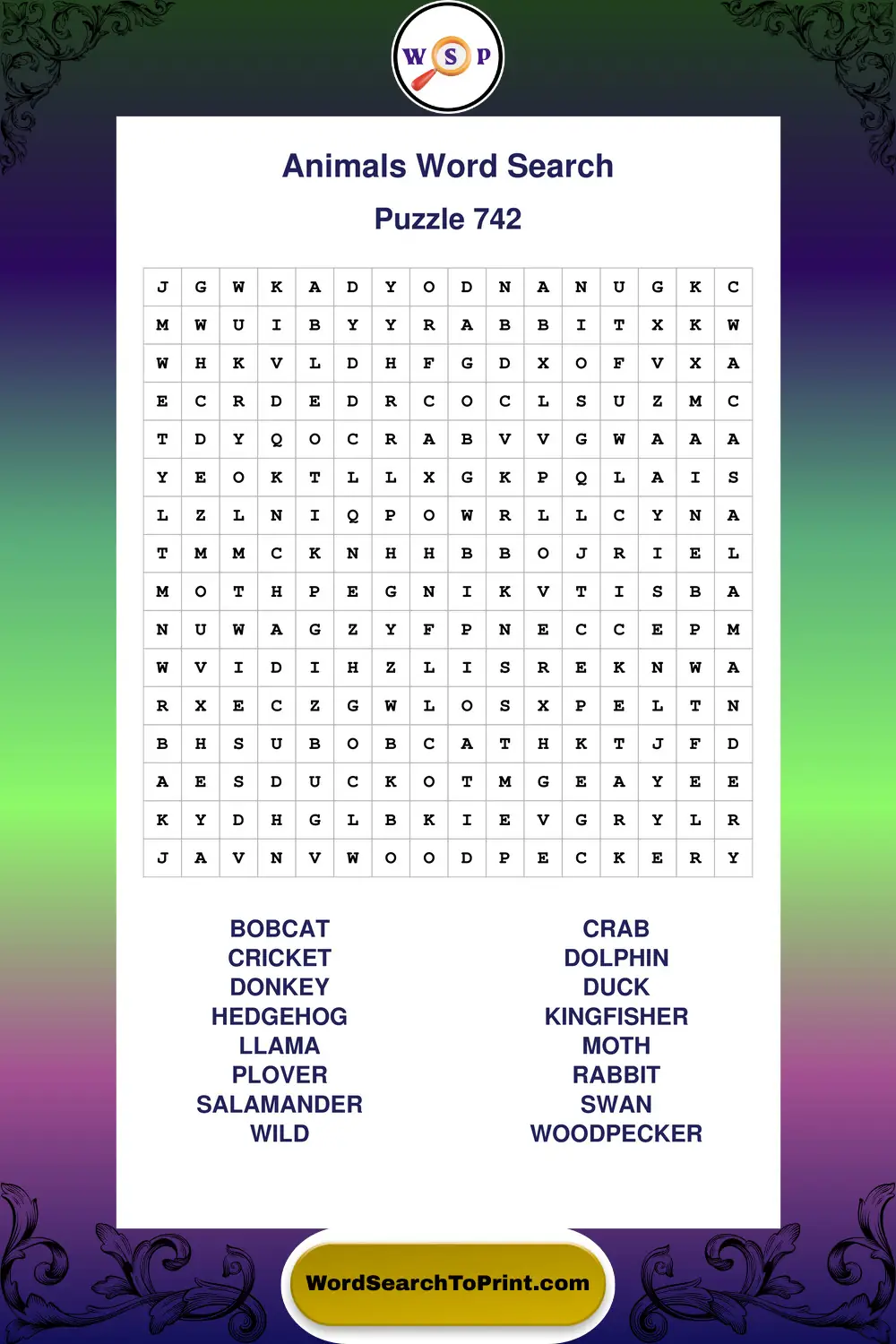Animals Word Search Puzzle 742