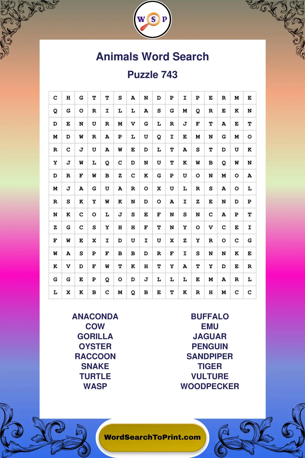 Animals Word Search Puzzle 743