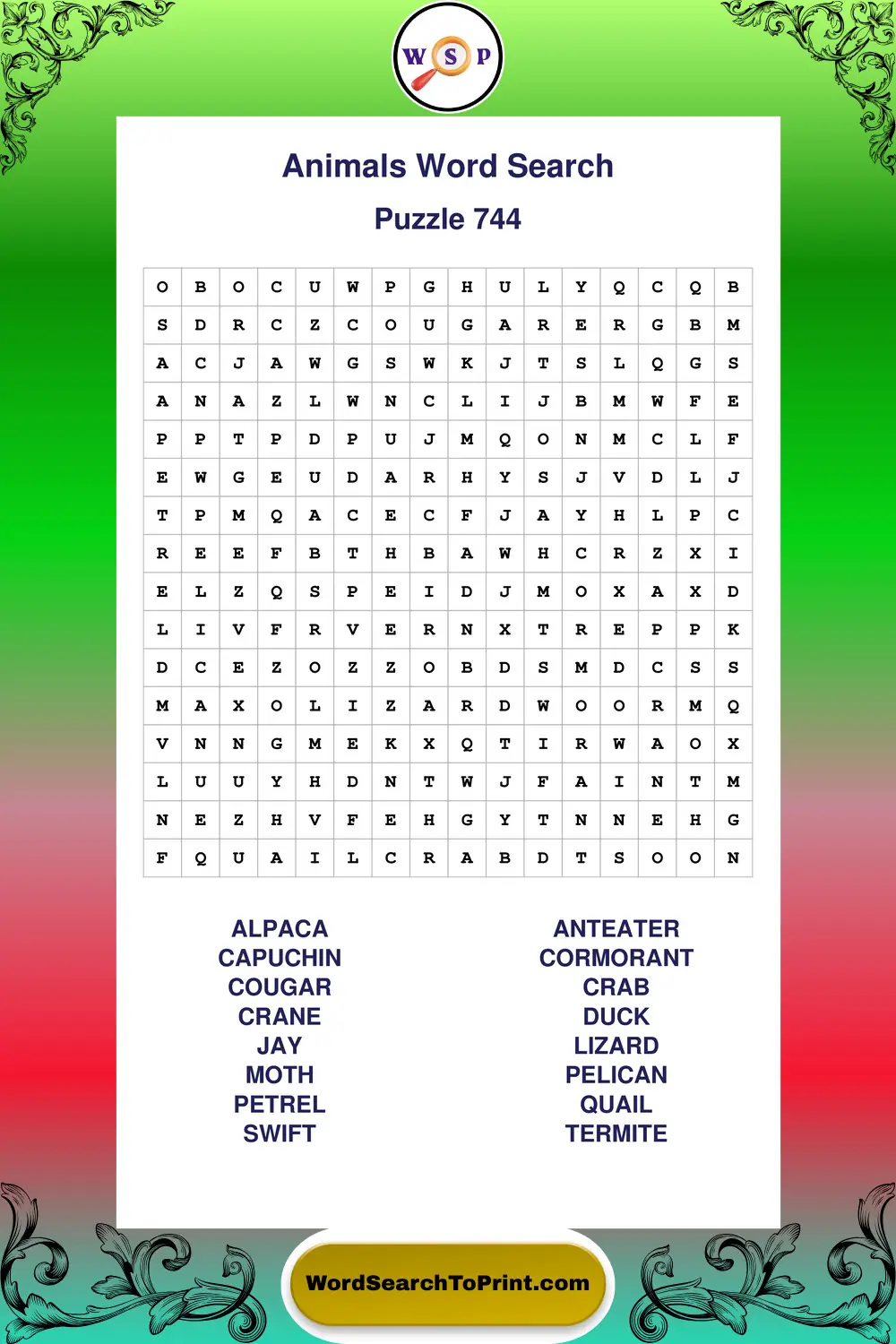 Animals Word Search Puzzle 744