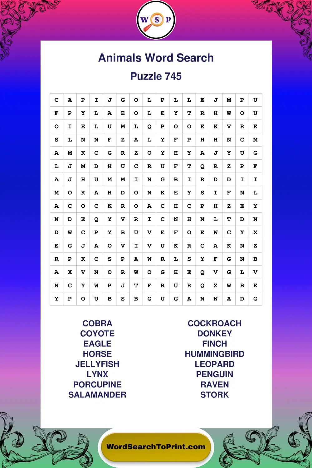 Animals Word Search Puzzle 745