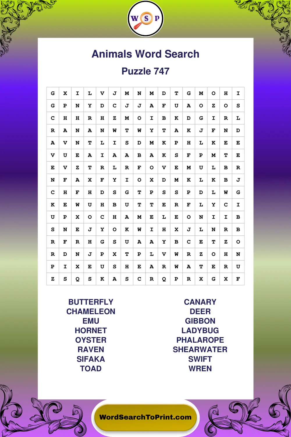 Animals Word Search Puzzle 747