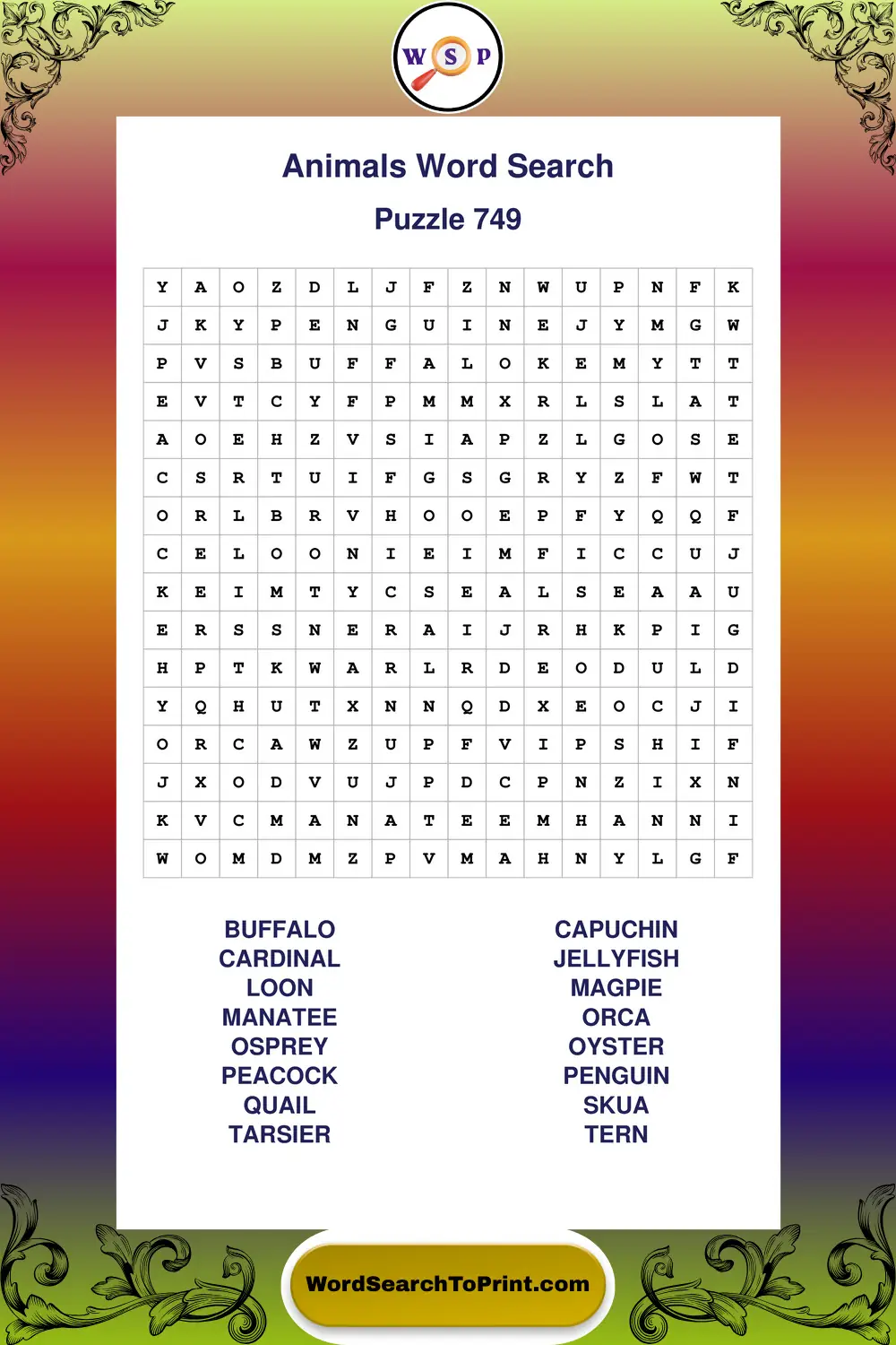 Animals Word Search Puzzle 749