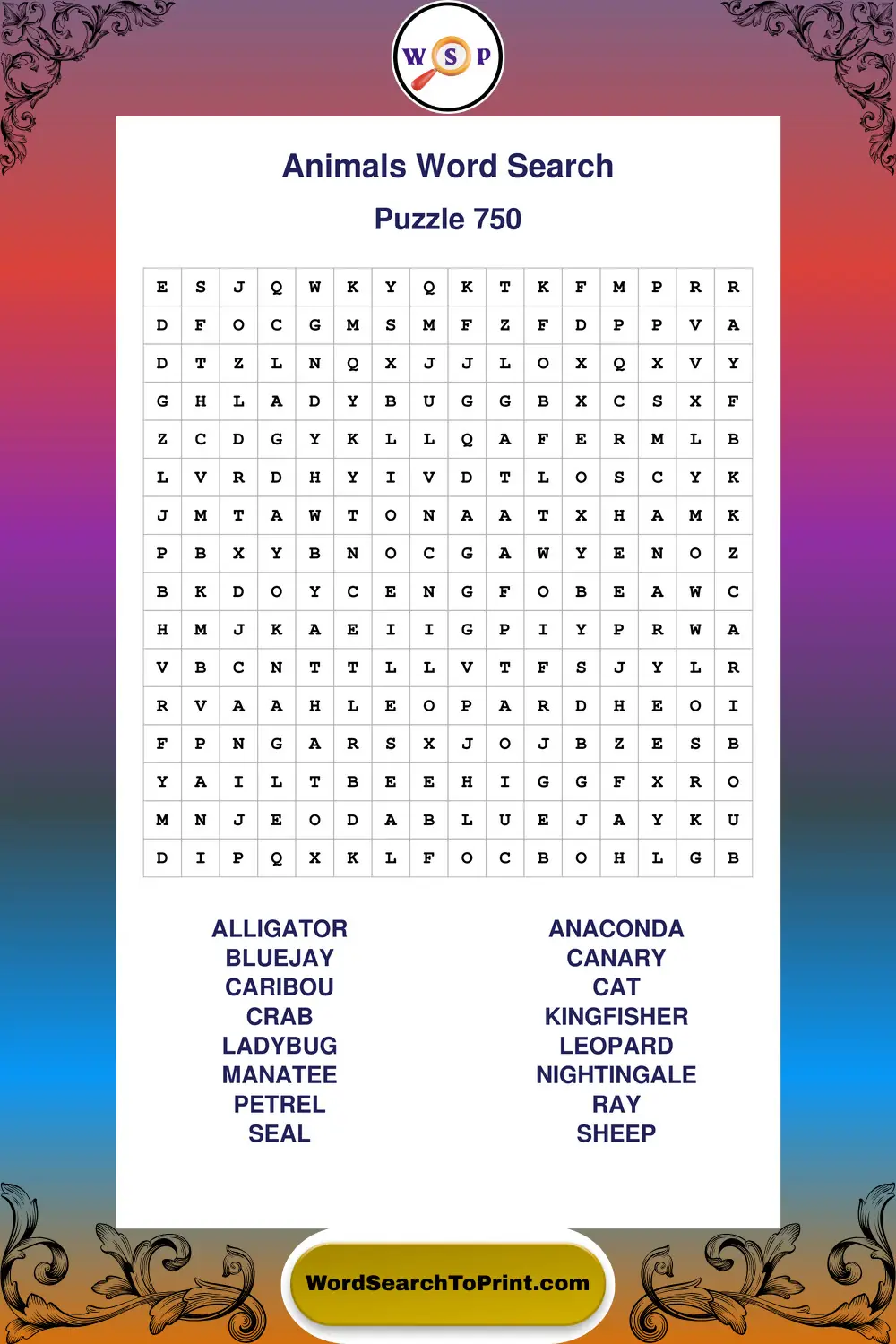 Animals Word Search Puzzle 750