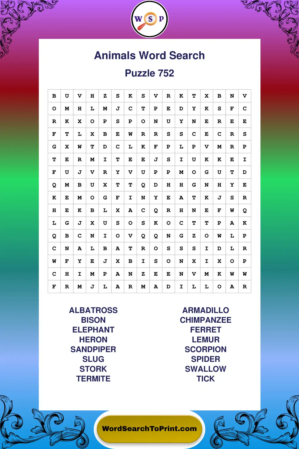 Animals Word Search Puzzle 752