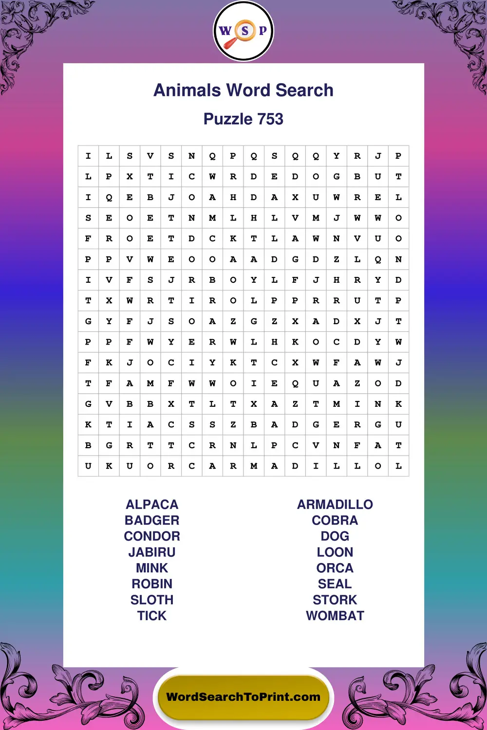 Animals Word Search Puzzle 753