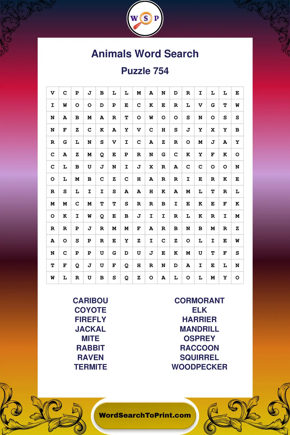 Animals Word Search Puzzle 754