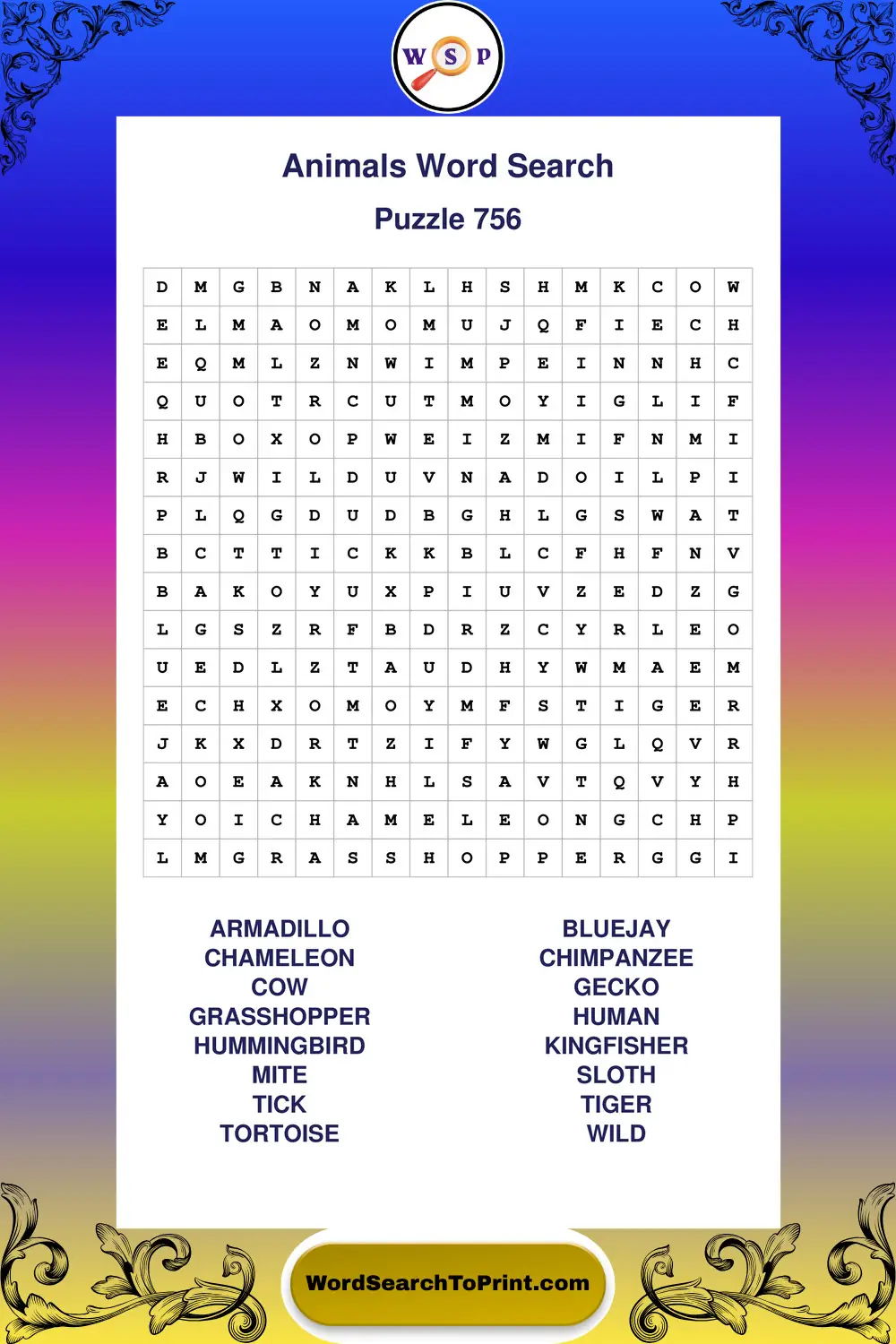 Animals Word Search Puzzle 756